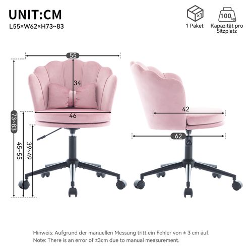 Fauteuil De Coiffeuse Moderne En Velours 55x62x73/83cm, Réglable En Hauteur, Pivotant à 360°, Rose