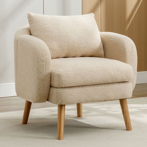 Fauteuil Moderne 71x72x71cm, Canapé Simple, Un Grand Coussin De Dossier, Tissu Teddy, Beige