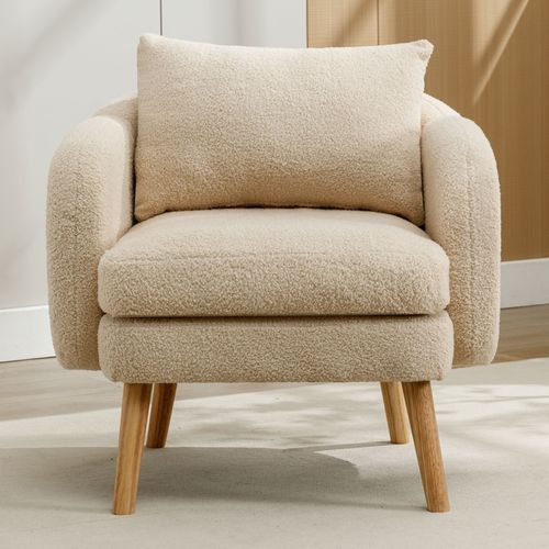 Fauteuil Moderne 71x72x71cm, Canapé Simple, Un Grand Coussin De Dossier, Tissu Teddy, Beige