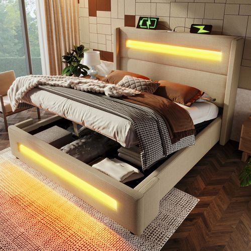 Lit Coffre Adulte 140x200 Cm Avec LED, Rangement, Ports USB-c, Tissu Beige