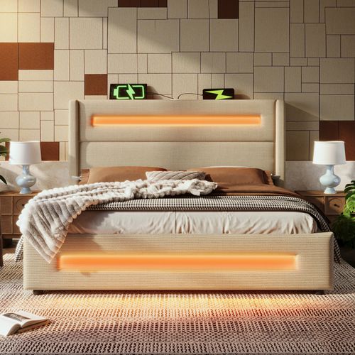 Lit Coffre Adulte 140x200 Cm Avec LED, Rangement, Ports USB-c, Tissu Beige