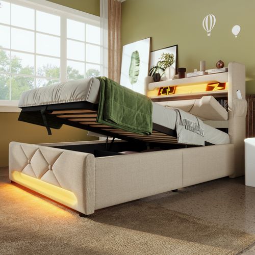 Lit Enfant Coffre 90x200 Cm Avec LED 360°, Tête De Lit USB-c, Rangement, Beige