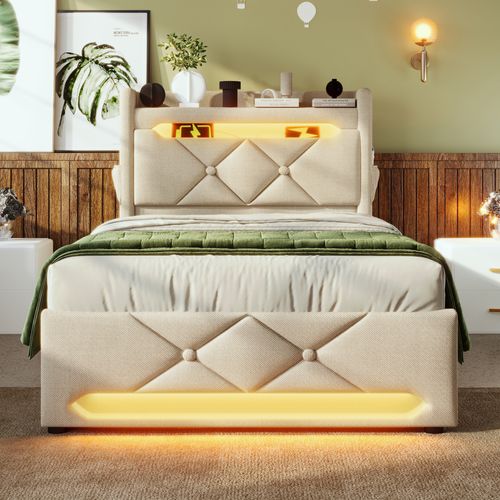 Lit Enfant Coffre 90x200 Cm Avec LED 360°, Tête De Lit USB-c, Rangement, Beige