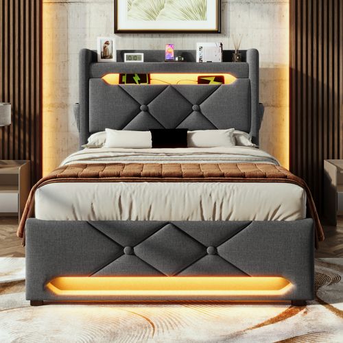 Lit Enfant Coffre 90x200 Cm Avec LED, Tête De Lit USB-c, Rangement, Lin Gris