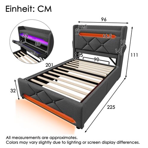 Lit Enfant Coffre 90x200 Cm Avec LED, Tête De Lit USB-c, Rangement, Lin Gris