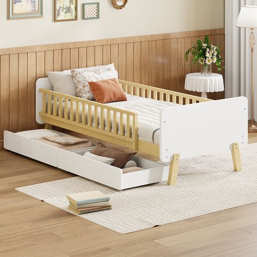 Lit Enfant 90x190 En Bois Blanc Avec 2 Tiroirs De Rangement, Sommier Inclus