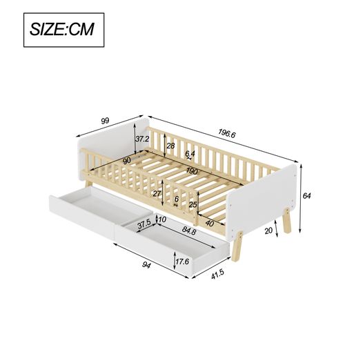 Lit Enfant 90x190 En Bois Blanc Avec 2 Tiroirs De Rangement, Sommier Inclus