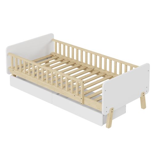 Lit Enfant 90x190 En Bois Blanc Avec 2 Tiroirs De Rangement, Sommier Inclus