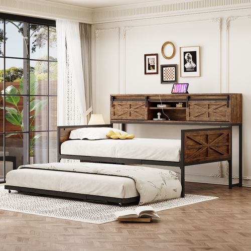 Lit Enfant Banquette 90x200 Cm Avec Lit Gigogne, Prises USB, Métal Noir Et Bois