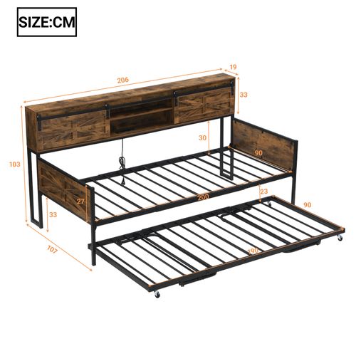 Lit Enfant Banquette 90x200 Cm Avec Lit Gigogne, Prises USB, Métal Noir Et Bois