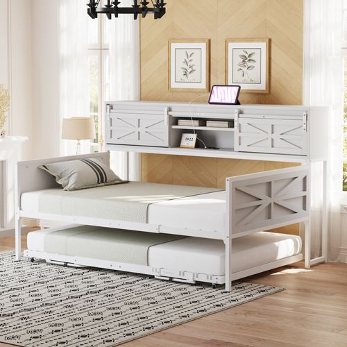 Lit Enfant Banquette 90x200 Cm Avec Lit Gigogne, Prises USB, Métal Blanc Et Bois