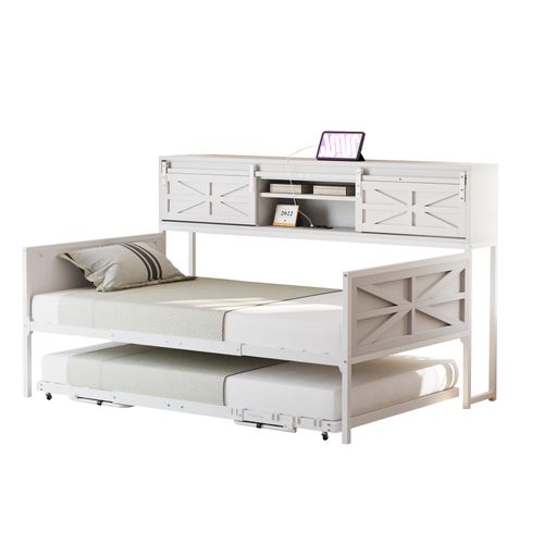 Lit Enfant Banquette 90x200 Cm Avec Lit Gigogne, Prises USB, Métal Blanc Et Bois