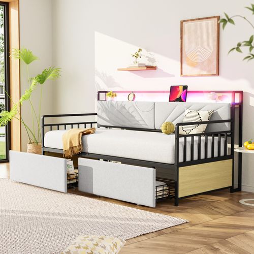 Lit Enfant Banquette En Métal 90x200 Cm Avec Tiroirs, Étagères LED Et Prises, Beige