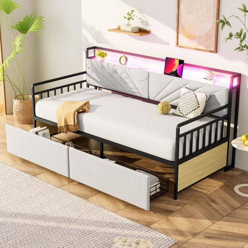 Lit Enfant Banquette En Métal 90x200 Cm Avec Tiroirs, Étagères LED Et Prises, Beige