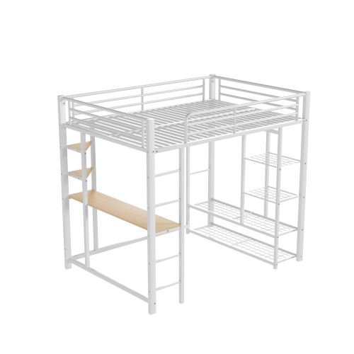 Lit Mezzanine 140x200 Cm Avec Bureau, Étagères Et Penderie, Structure Métal Blanc