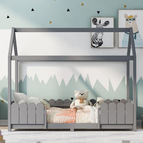 Lit Enfant Cabane 90x200 Cm En Bois Avec Barrière Anti-chute Et Sommier, Gris