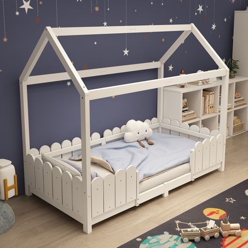 Lit Enfant Cabane 90x200 Cm En Bois Avec Barrière Anti-chute Et Sommier, Blanc