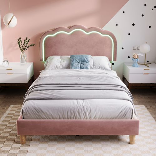 Lit Enfant 90x200 Cm Rose En Velours, LED Et Tête Réglable, Avec Sommier