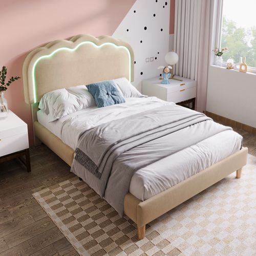 Lit Enfant 90x190 Cm Beige Avec LED, Tête De Lit Réglable Et Sommier, Tissu Lin