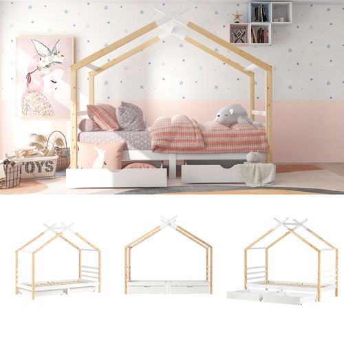 Lit Cabane Enfant 90x200 Cm Bois Blanc, Avec Sommier Et Tiroirs