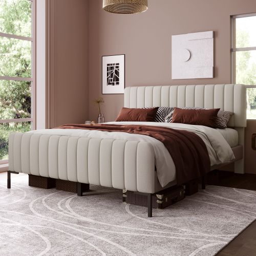 Lit Adulte 160x200 cm avec Tête De Lit Réglable, Lin, Gris-beige