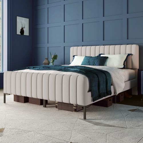 Lit Adulte 160x200 cm avec Tête De Lit Réglable, Lin, Gris-beige