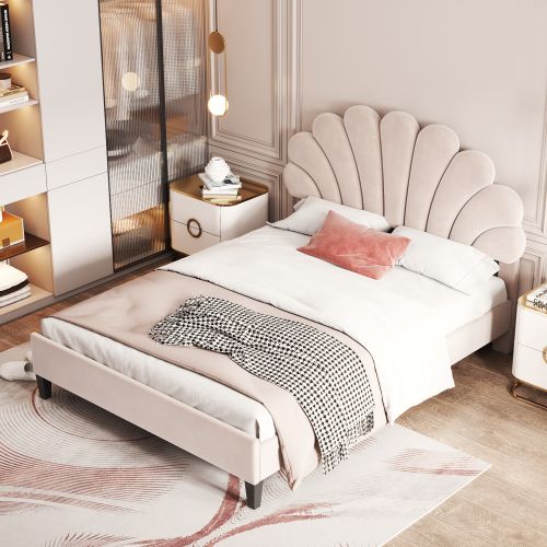 Lit Adulte 140x200cm Avec Tête De Lit En Forme De Fleurs, Velours, Beige