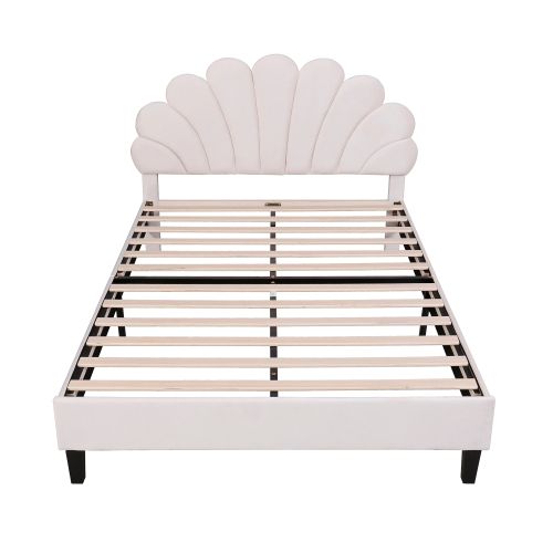 Lit Adulte 140x200cm Avec Tête De Lit En Forme De Fleurs, Velours, Beige