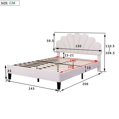 Lit Adulte 140x200cm Avec Tête De Lit En Forme De Fleurs, Velours, Beige
