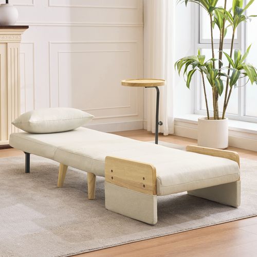 Fauteuil Pliant Rembourré 62x67x88cm, Dossier Réglable, Avec Plateau En Bois, 1 Coussin, Beige