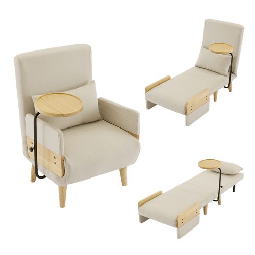 Fauteuil Pliant Rembourré 62x67x88cm, Dossier Réglable, Avec Plateau En Bois, 1 Coussin, Beige