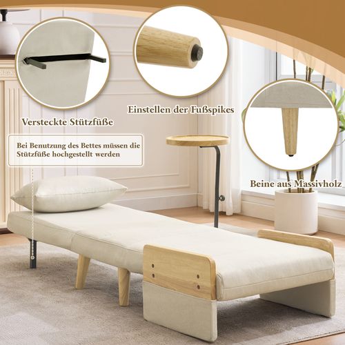 Fauteuil Pliant Rembourré 62x67x88cm, Dossier Réglable, Avec Plateau En Bois, 1 Coussin, Beige