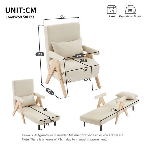 Fauteuil Pliant Rembourré 3 En 1, Avec Dossier Réglable Et Coussin, Beige + Accoudoir Bois