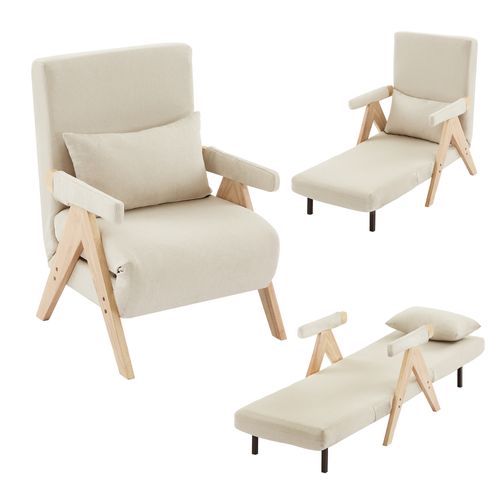 Fauteuil Pliant Rembourré 3 En 1, Avec Dossier Réglable Et Coussin, Beige + Accoudoir Bois