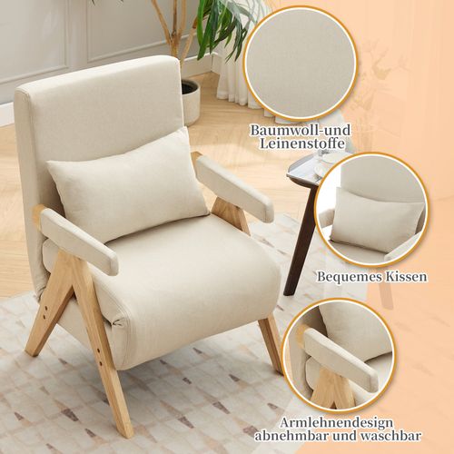 Fauteuil Pliant Rembourré 3 En 1, Avec Dossier Réglable Et Coussin, Beige + Accoudoir Bois
