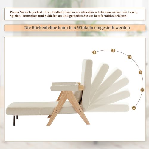 Fauteuil Pliant Rembourré 3 En 1, Avec Dossier Réglable Et Coussin, Beige + Accoudoir Bois