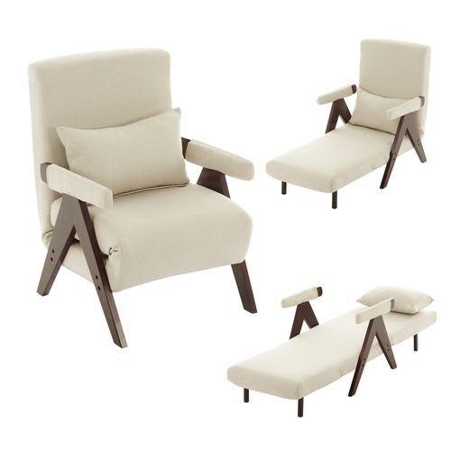 Fauteuil Pliant Rembourré 3 En 1, Avec Dossier Réglable Et Coussin, Beige + Accoudoir Marron