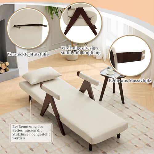 Fauteuil Pliant Rembourré 3 En 1, Avec Dossier Réglable Et Coussin, Beige + Accoudoir Marron