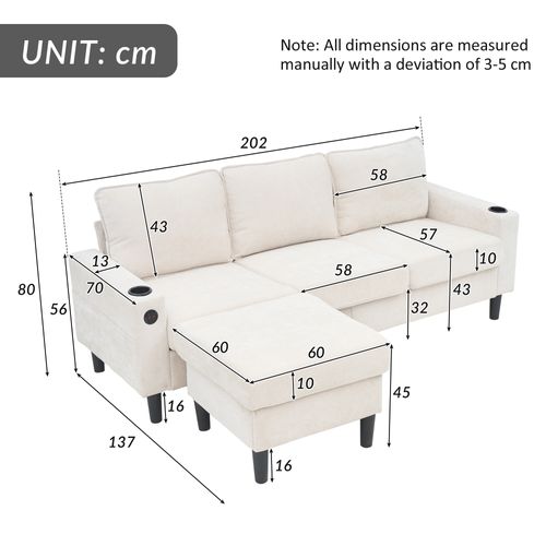 Canapé 3 Places Rembourré 202x137x80cm, Avec USB-c, 2 Porte-gobelets, Canapé En L, Beige