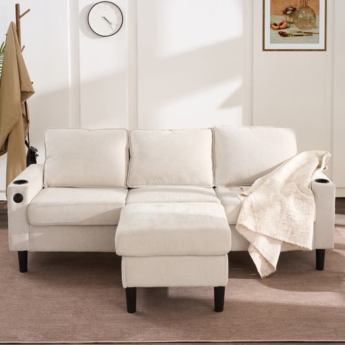 Canapé 3 Places Rembourré 202x137x80cm, Avec USB-c, 2 Porte-gobelets, Canapé En L, Beige