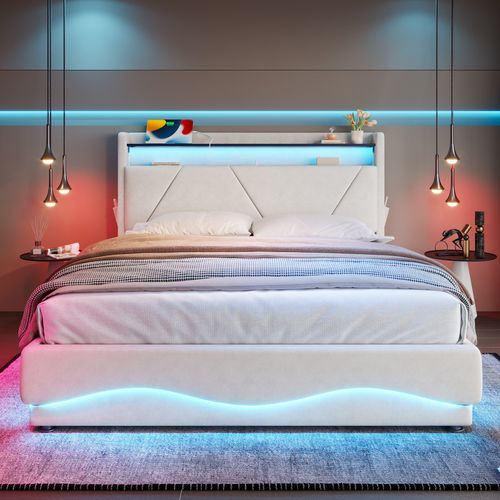 Lit Coffre Adulte 140x200 Cm Avec LED, Rangement, Ports USB, Velours Beige