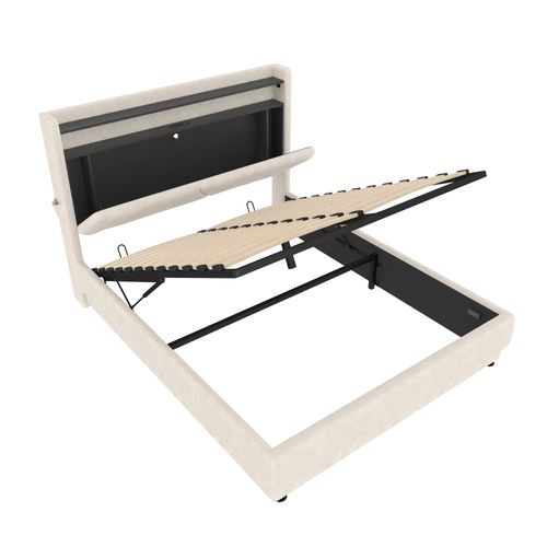 Lit Coffre Adulte 140x200 Cm Avec LED, Rangement, Ports USB, Velours Beige