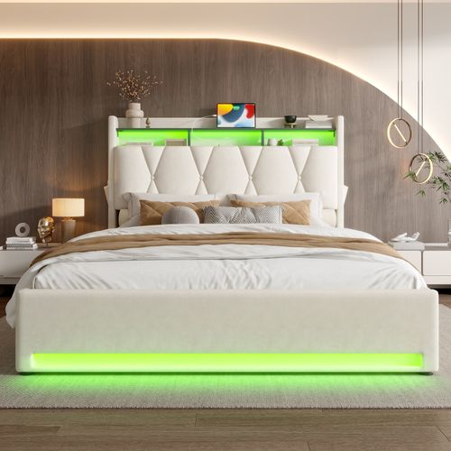 Lit Coffre Adulte 140x200 Cm Tissu Velours Avec LED, Ports USB-c, Tête Relevable, Rangement, Beige