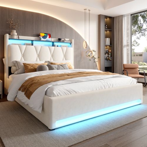 Lit Coffre Adulte 140x200 Cm Tissu Velours Avec LED, Ports USB-c, Tête Relevable, Rangement, Beige