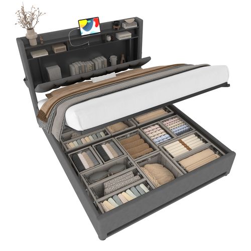 Lit Coffre Adulte 140x200 Cm Tissu Velours Avec LED, Ports USB-c, Tête Relevable, Rangement, Gris