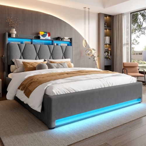 Lit Coffre Adulte 140x200 Cm Tissu Velours Avec LED, Ports USB-c, Tête Relevable, Rangement, Gris