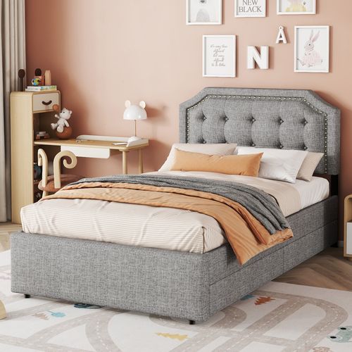 Lit Enfant 90x200 Cm En Tissu Gris, Avec Tête De Lit Réglable, Tiroirs Et Clous Décoratifs
