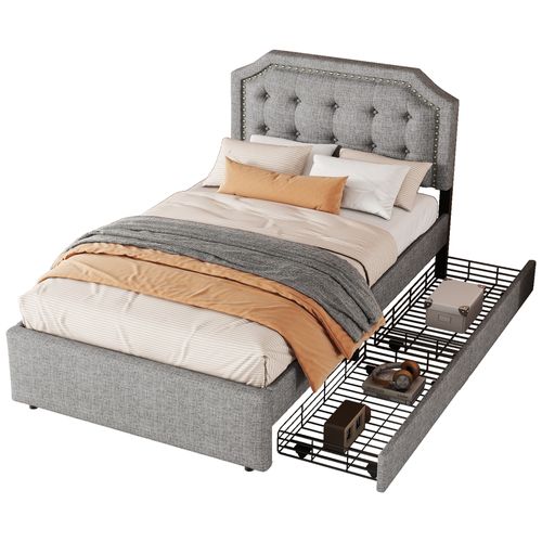 Lit Enfant 90x200 Cm En Tissu Gris, Avec Tête De Lit Réglable, Tiroirs Et Clous Décoratifs