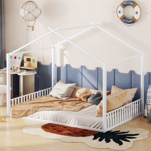 Lit Enfant 140x200 Cm Style Maisonnette, Cadre En Métal Blanc, Design Ludique