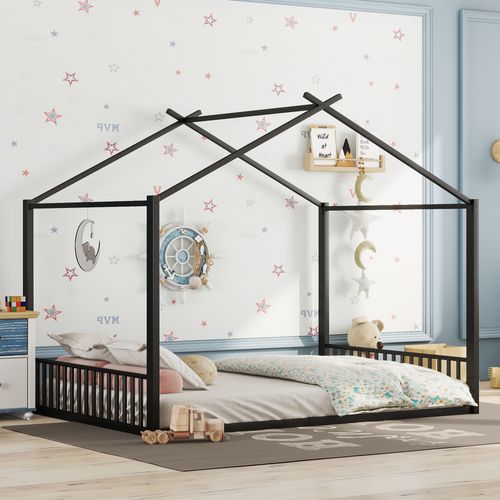 Lit Enfant Cabane 140x200 Cm, Cadre En Métal Noir, Design Ludique